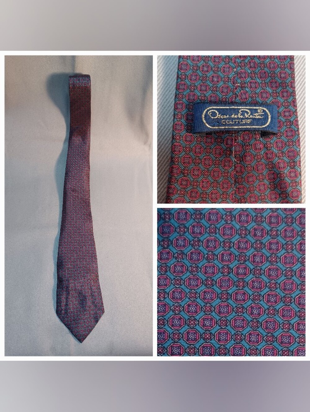 Men's Oscar De La Renta Couture Red And Blue Medallion Foulard Pattern Tie